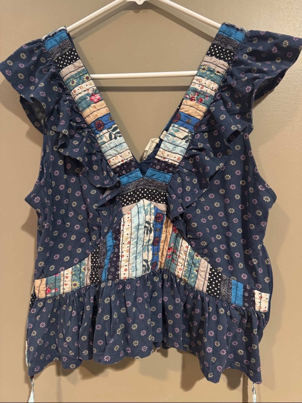 Anthropologie Navy Patchwork Ruffle V-Neck Blouse